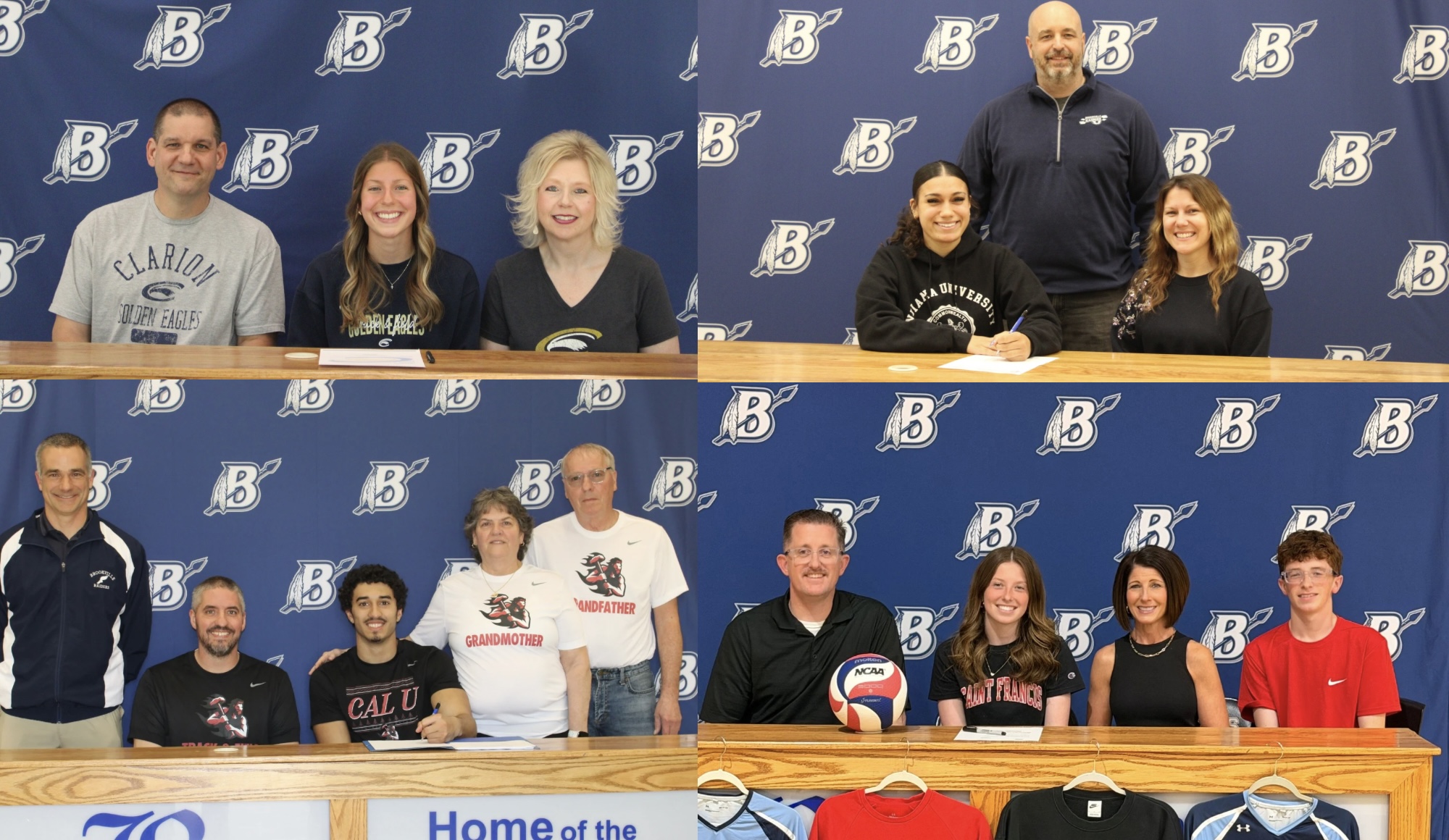 A collage of students, family, and coaches at their national letter of intent signing days.